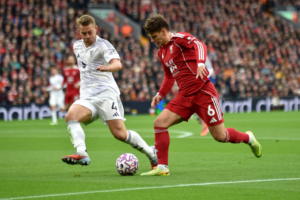 Manchester United's Dutch defender #04 Matthijs de Ligt battles for the ball with Liverpool's Hungarian defender #06 Milos Kerkez during the English Premier League football match between Liverpool and Manchester United at Anfield