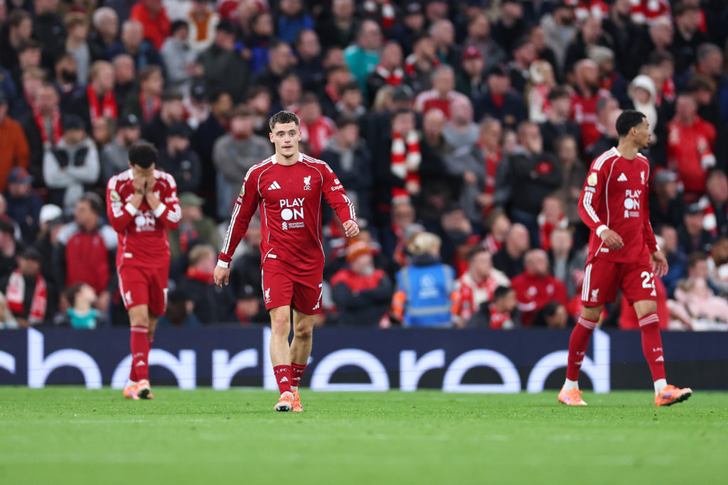 Liverpool players react after Harry Maguire scores the winner for Manchester United at Anfield.