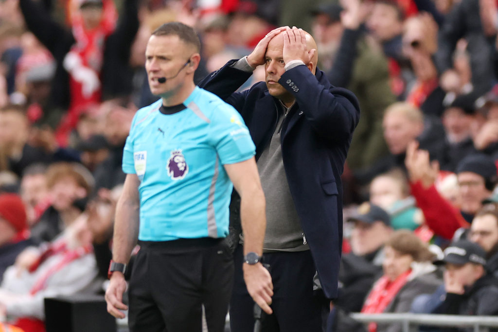 Arne Slot reacts during Liverpool's Premier League match against Man United at Anfield.
