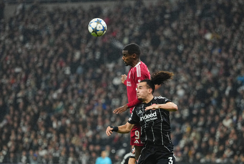 Alexander Isak (Liverpool FC) heads during the Champions League group game between Eintracht Frankfurt and Liverpool FC at the Deutsche Bank Park.