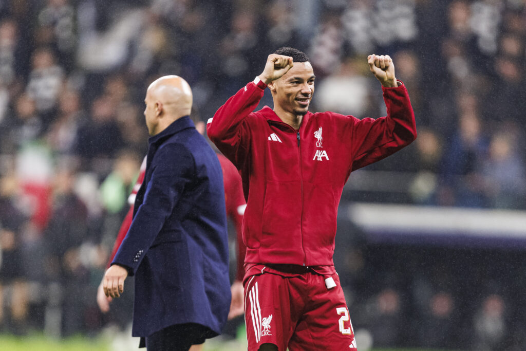 Hugo Ekitike celebrates towards travelling Liverpool fans after Eintracht Frankfurt win