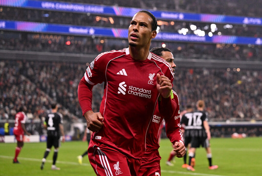 Virgil van Dijk of Liverpool celebrates scoring his team's second goal during the UEFA Champions League 2025/26 League Phase MD3 match between Eintracht Frankfurt and Liverpool FC at Frankfurt Stadion