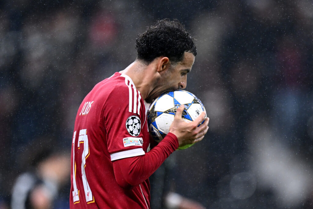 Curtis Jones of Liverpool reacts after a missed chance during the UEFA Champions League 2025/26 League Phase MD3 match between Eintracht Frankfurt and Liverpool FC at Frankfurt Stadion.