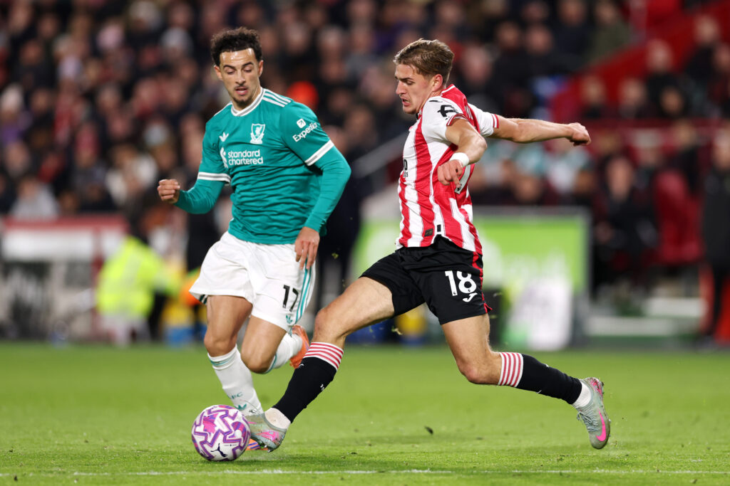 Curtis Jones on the ball during Liverpool's Premier League game against Brentford at the Gtech Community Stadium.