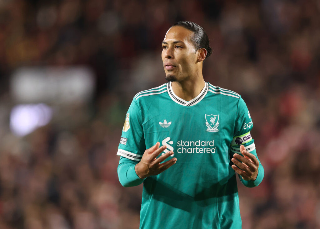Virgil van Dijk of Liverpool reacts during the Premier League match between Brentford and Liverpool at Gtech Community Stadium