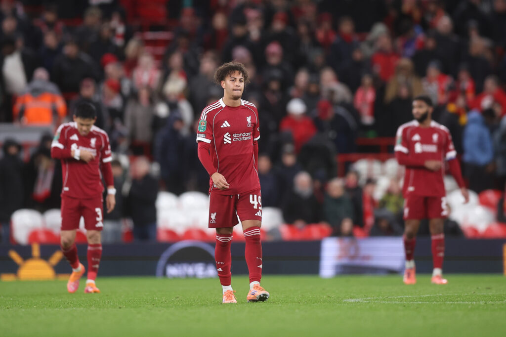 Kaide Gordon of Liverpool looks dejected after his side concede their third goal to make the score 0-3 during the Carabao Cup Fourth Round match between Liverpool and Crystal Palace at Anfield