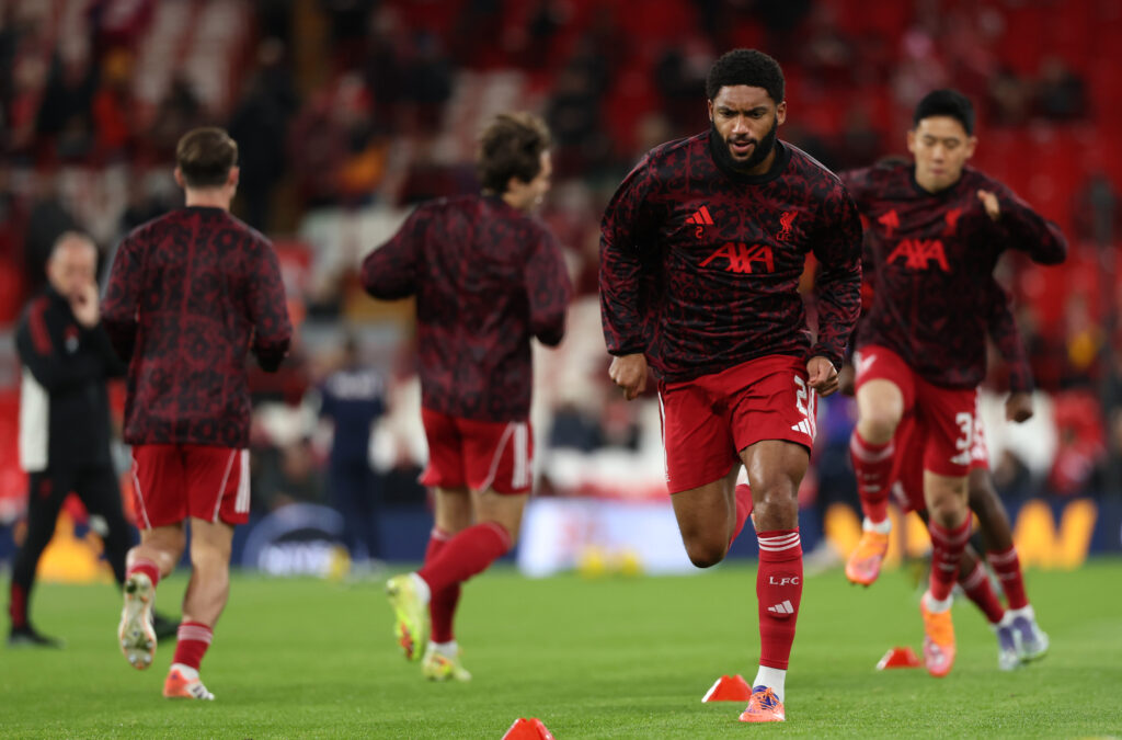 Joe Gomez of Liverpool warms up prior to the Carabao Cup Fourth Round match between Liverpool and Crystal Palace at Anfield