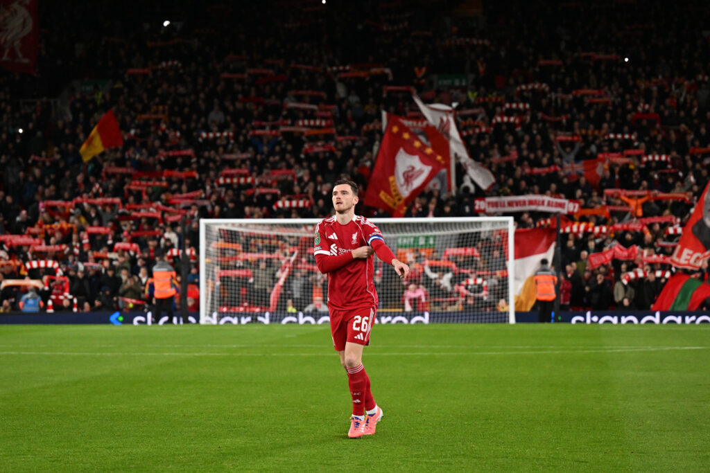 Andrew Robertson of Liverpool adjusts the captain's armband prior to kick off during the Carabao Cup Fourth Round match between Liverpool and Crystal Palace at Anfield