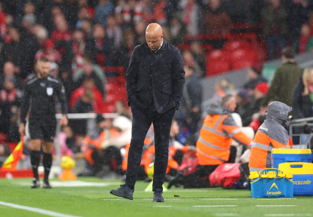 Arne Slot pictured during Liverpool's Carabao Cup clash against Crystal Palace at Anfield.