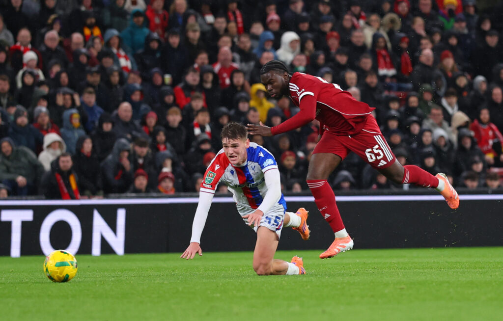 Amara Nallo fouls Justin Devenny in Liverpool vs Crystal Palace game
