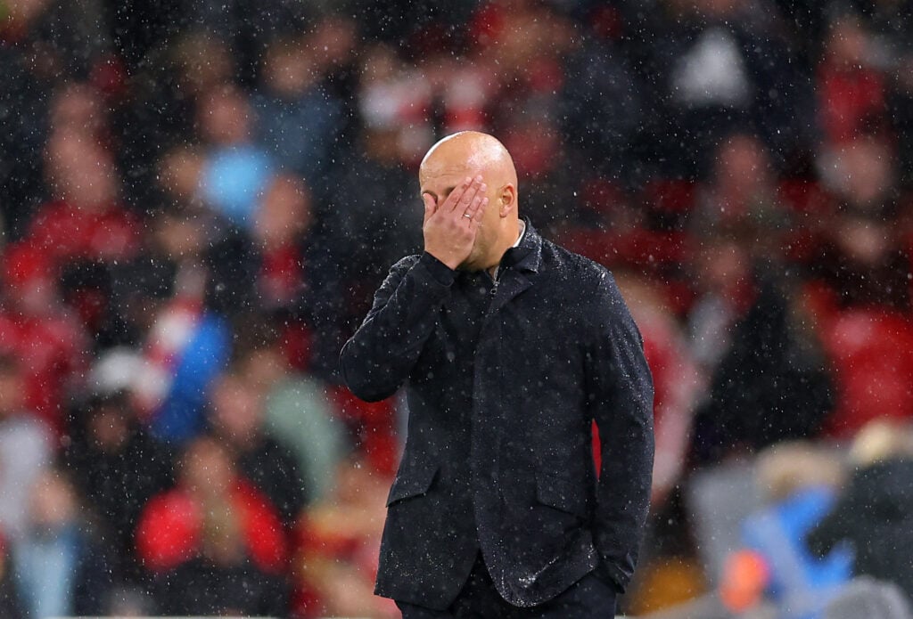 Arne Slot, Manager of Liverpool reacts during the Carabao Cup Fourth Round match between Liverpool and Crystal Palace at Anfield.