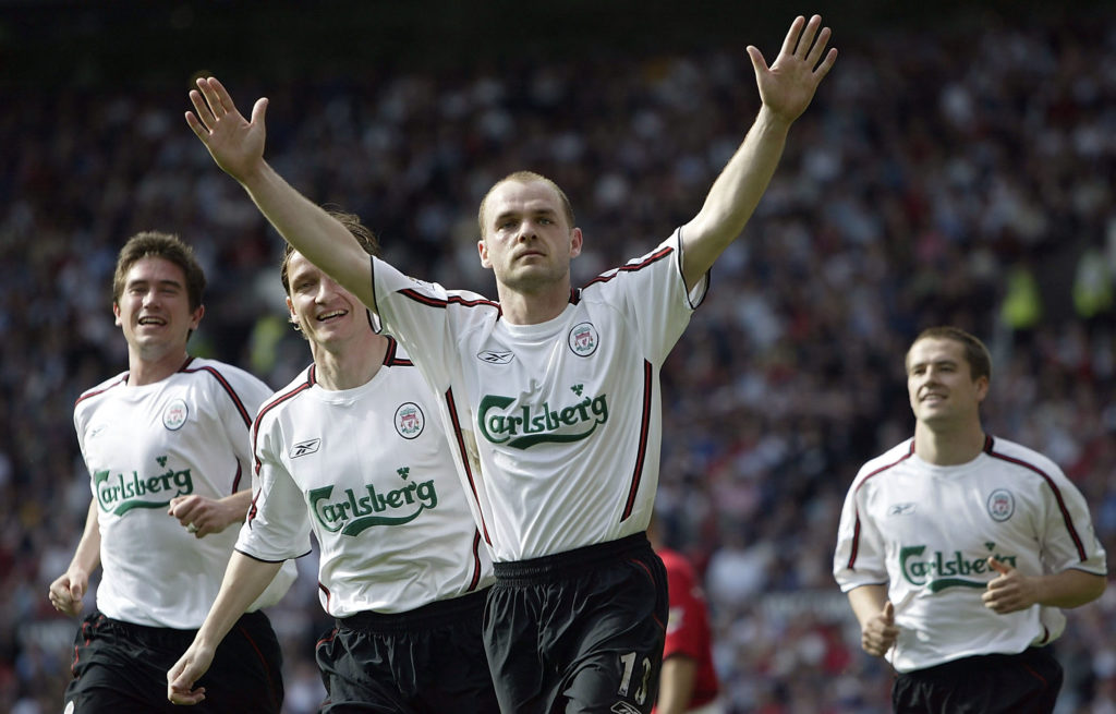 Danny Murphy of Liverpool celebrates after scoring the first goal with a penalty during the FA Barclaycard Premiership match between Manchester United and Liverpool at Old Trafford.