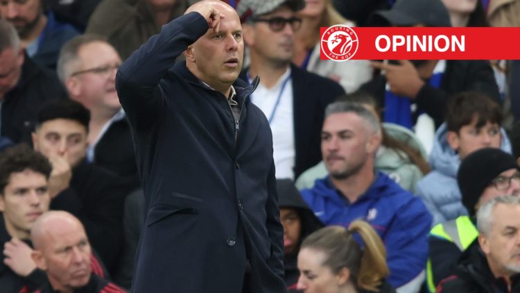 Arne Slot reacts during Liverpool's Premier League match against Chelsea at Stamford Bridge
