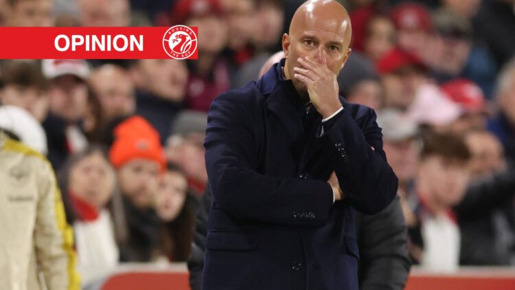 Arne Slot manager / head coach of Liverpool reacts during the Premier League match between Brentford and Liverpool at Gtech Community Stadium