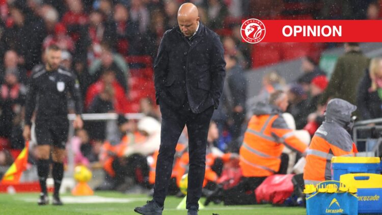 Arne Slot, Manager of Liverpool, looks dejected after Ismaila Sarr of Crystal Palace (not pictured) scored his team's second goal during the Caraba...