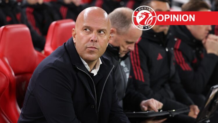 Arne Slot (left) looks on from the bench during the Crystal Palace game at Anfield, opinion label and site logo (right)