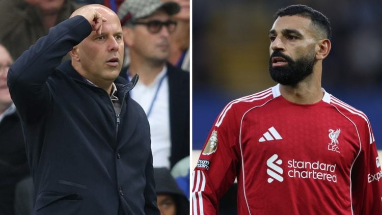 Arne Slot reacts during Liverpool's Premier League match against Chelsea at Stamford Bridge. Mohamed Salah of Liverpool during the Premier League m...