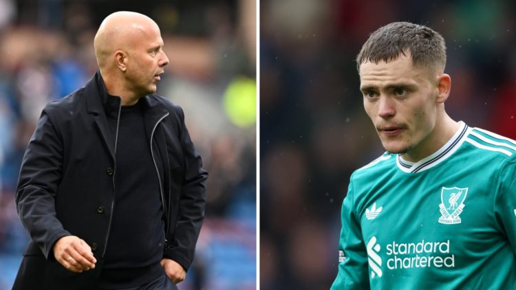 Left: Arne Slot walking down the Liverpool touchline. Right: Florian Wirtz pictured playing for Liverpool.