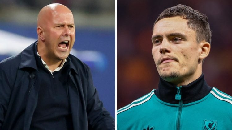 Left: Arne Slot shouting at his Liverpool team from the touchline. Right: Florian Wirtz lining up before Liverpool's Champions League clash v Galat...