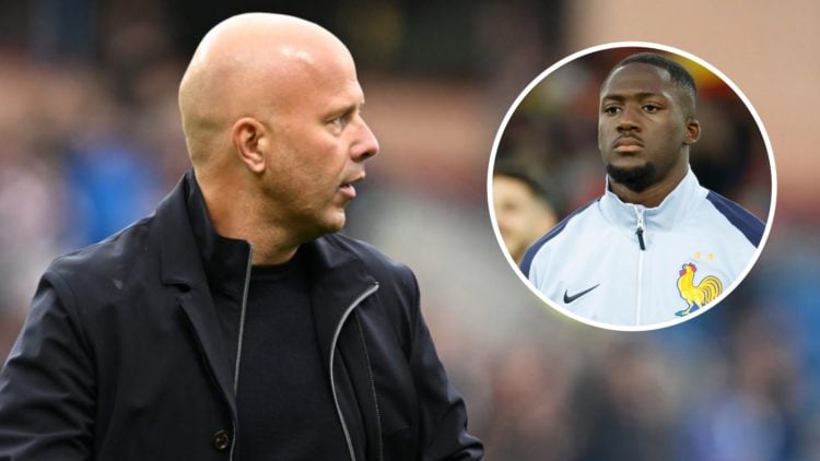 Main: Arne Slot pictured on the Liverpool touchline. Insert: Ibrahima Konate pictured lining up for France.
