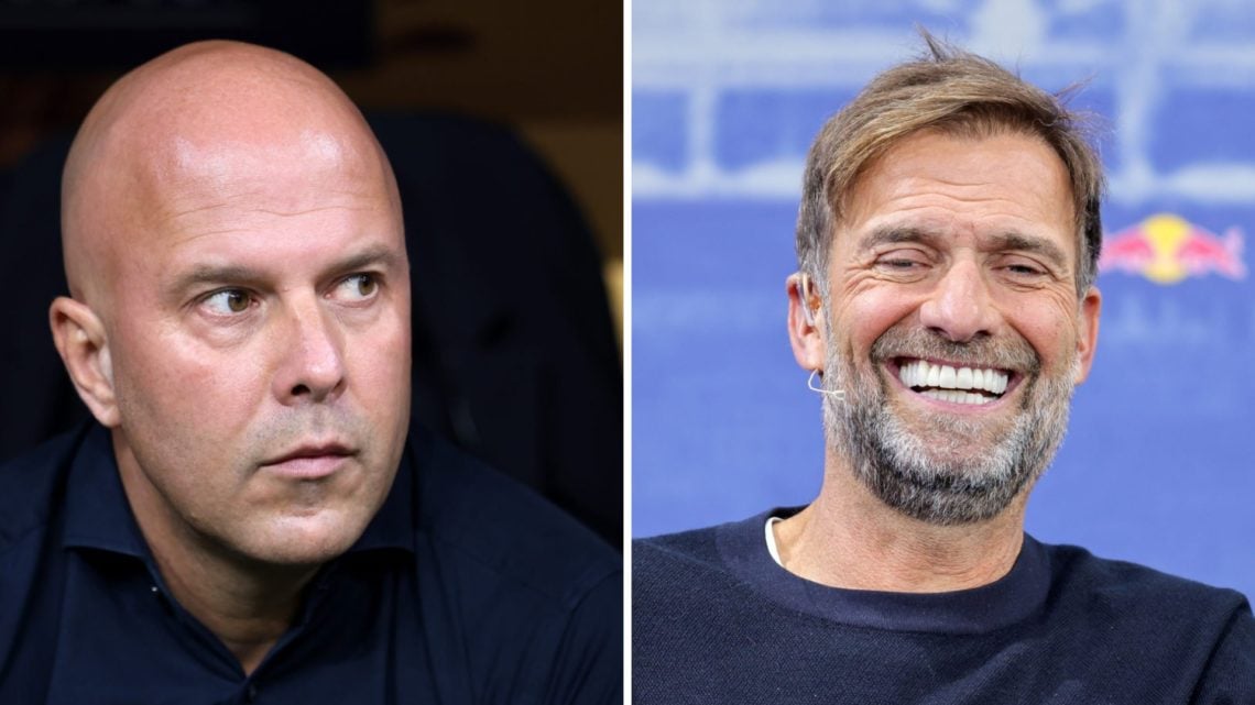 Arne Slot (left) looks on during game, Jurgen Klopp (right) smiles during Red Bull event