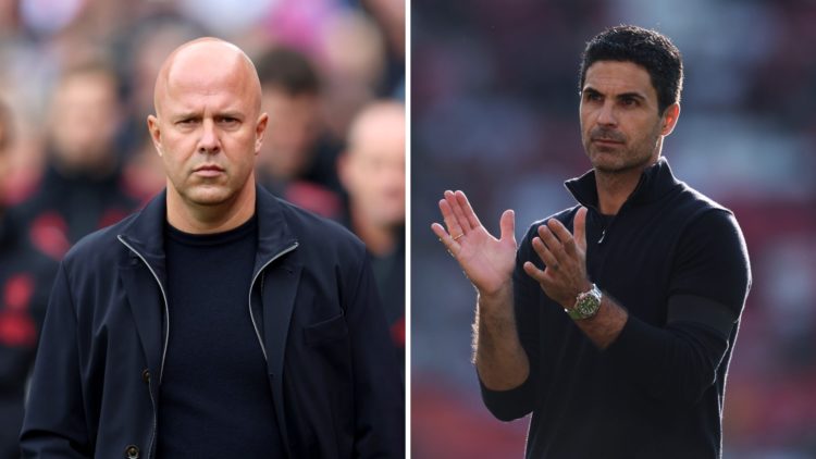 Arne Slot (left) during the Crystal Palace game, Mikel Arteta (right) claps the Arsenal fans