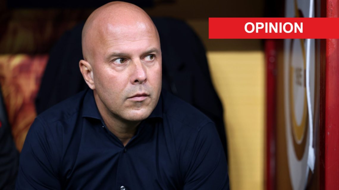 Arne Slot (left) looks on from the bench against Galatasaray, Opinion label (right)