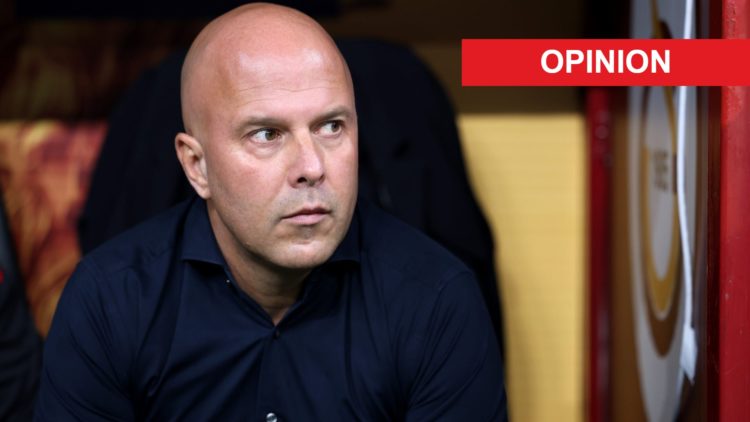 Arne Slot (left) looks on from the bench against Galatasaray, Opinion label (right)