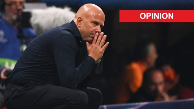 Arne Slot (left) on his knees during Galatasaray game, opinion label (right)