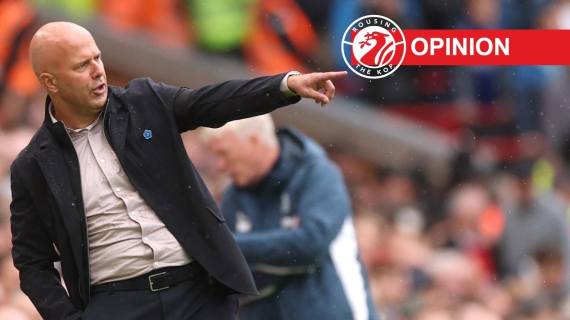 Arne Slot (left) points to the players during Everton game, opinion label and site logo (right)
