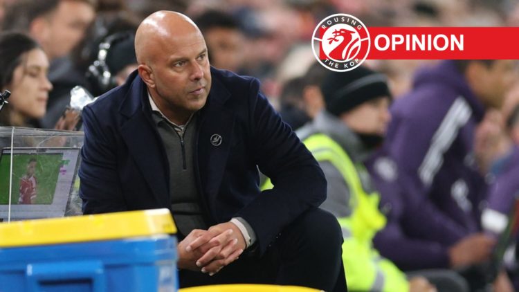 Arne Slot (left) kneels down to speak to coaching staff during Man Utd game, Opinion label (right)