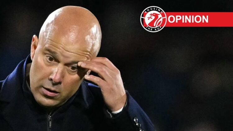 Arne Slot (left) scratches his eye after Brentford loss, opinion label and site logo (right)