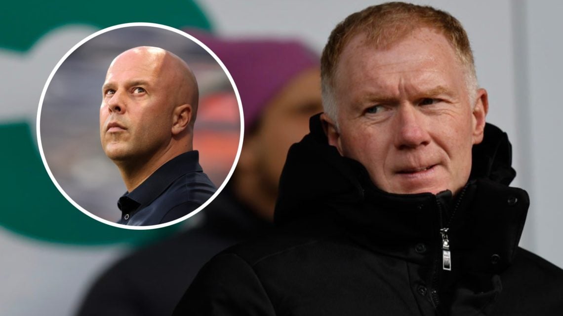 Main: Paul Scholes pictured in the stands at Salford. Insert: Arne Slot looking to his right while on the Liverpool bench.
