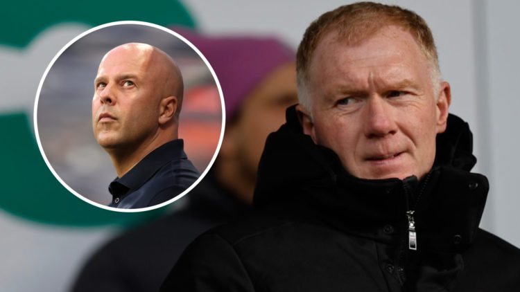 Main: Paul Scholes pictured in the stands at Salford. Insert: Arne Slot looking to his right while on the Liverpool bench.
