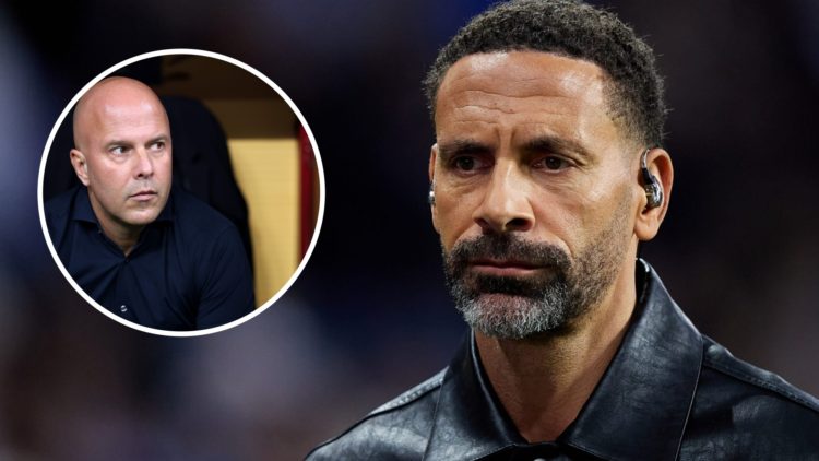 Main: Rio Ferdinand presenting a Champions League game. Insert: Arne Slot sat on the Liverpool bench.