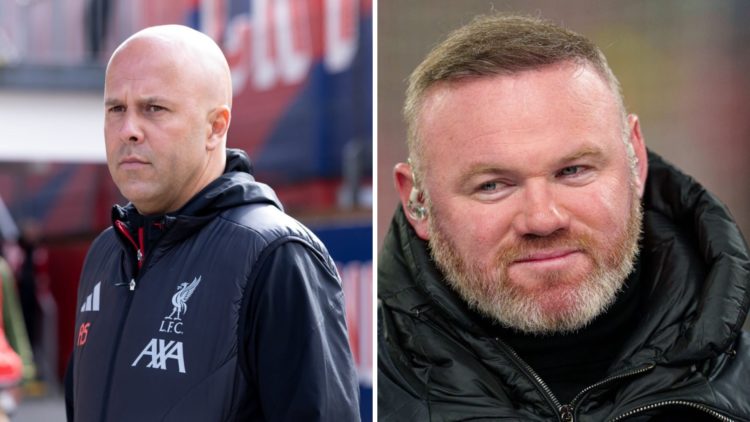 Arne Slot (left) walks off the coach for the Crystal Palace game, Wayne Rooney (right) looks on during broadcast