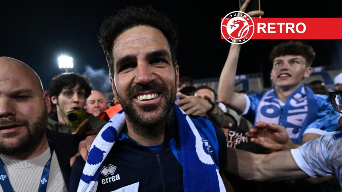 Cesc Fabregas (left) celebrates with Como fans, retro label and site logo (right)