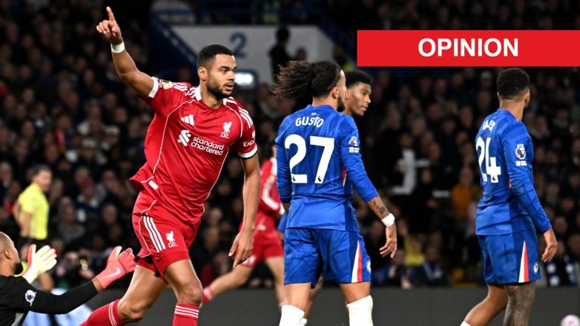 Cody Gakpo (left) celebrates goal against Chelsea, opinion label (right)