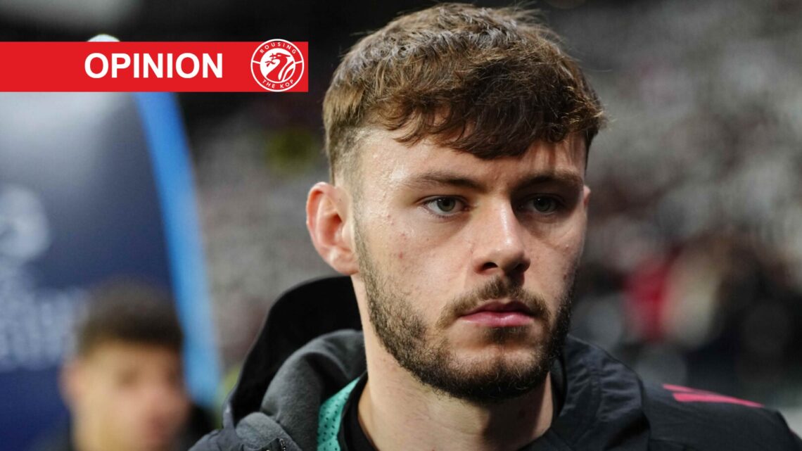Conor Bradley walks out ahead of Liverpool's Champions League match against Eintracht Frankfurt at Deutsche Bank Park.