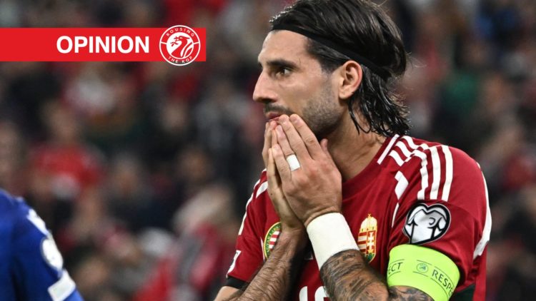Hungary's midfielder #10 Dominik Szoboszlai reacts after missing a chance on goal during the FIFA World Cup 2026 Group F European qualification foo...