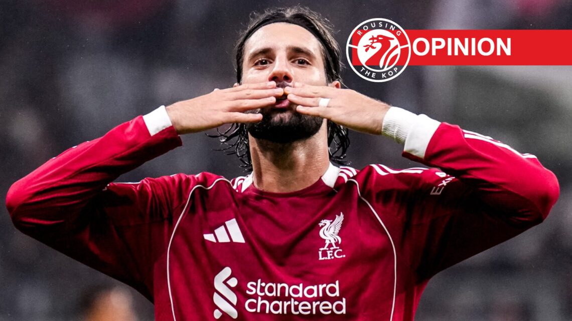 Dominik Szoboszlai (centre) blows a kiss to Liverpool fans, opinion label and site logo (top right)