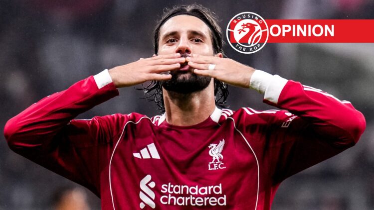 Dominik Szoboszlai (centre) blows a kiss to Liverpool fans, opinion label and site logo (top right)