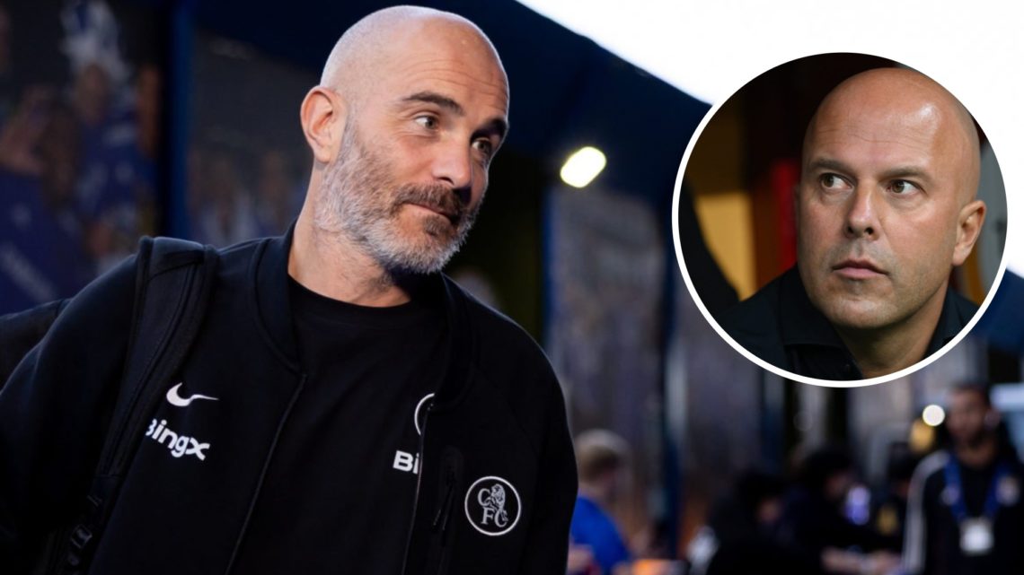 Main: Enzo Maresca walking off Chelsea's team coach ahead of their Champions League game v Benfica. Insert: Arne Slot sat on the Liverpool bench in...
