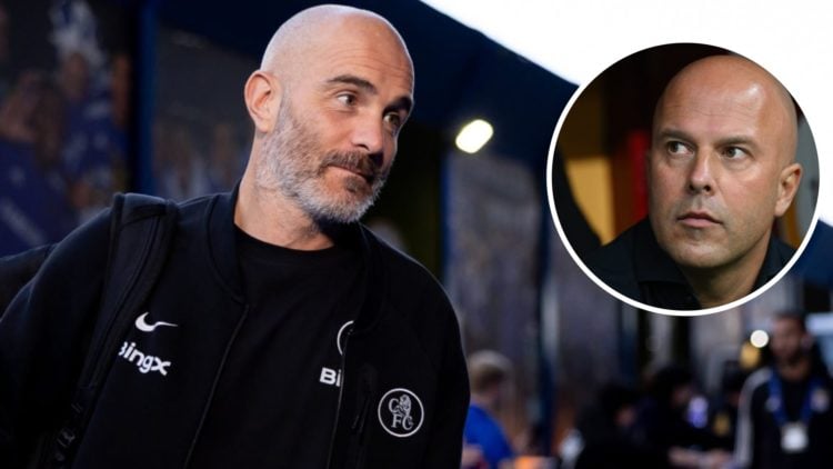 Main: Enzo Maresca walking off Chelsea's team coach ahead of their Champions League game v Benfica. Insert: Arne Slot sat on the Liverpool bench in...