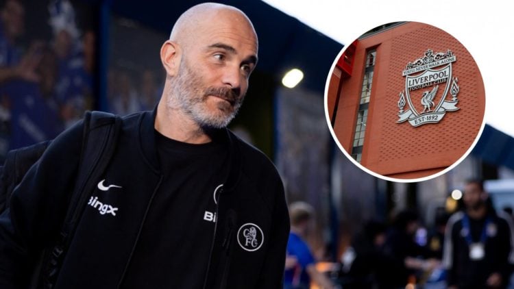 Enzo Maresca (left) walks into the stadium, Liverpool badge on the side of Anfield Stadium (right)