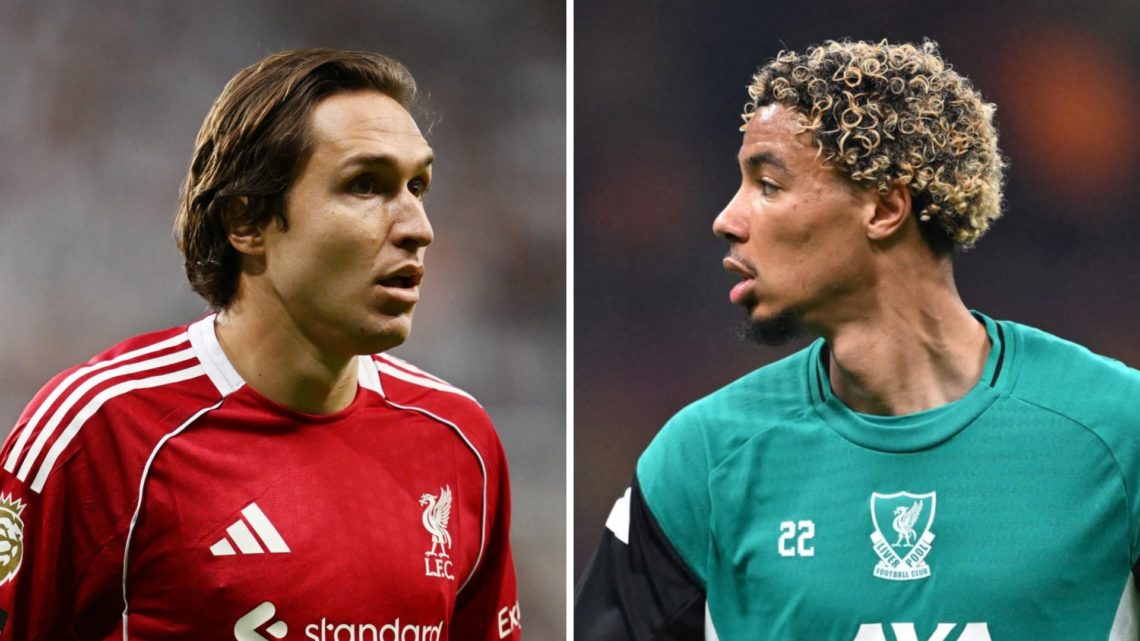 Federico Chiesa in action for Liverpool during their Premier League match against Newcastle United at St James' Park. Hugo Ekitike warms up ahead o...