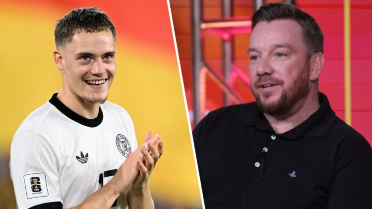 Left: Florian Wirtz smiling while playing for Germany. Right: Jamie O'Hara being interviewed.