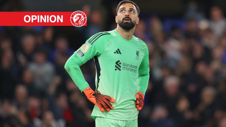 Giorgi Mamardashvili pictured during Liverpool's Premier League match against Chelsea at Stamford Bridge.