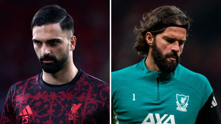 Giorgi Mamardashvili warms up ahead of Liverpool's UEFA Champions League match against Atletico Madrid at Anfield. Alisson Becker warms up ahead of...