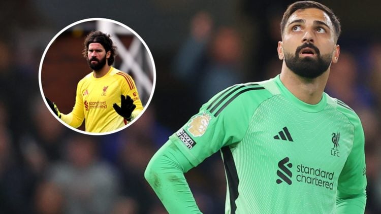 Giorgi Mamardashvili pictured in action during Liverpool's Premier League match against Chelsea at Stamford Bridge. Alisson Becker in action for Li...
